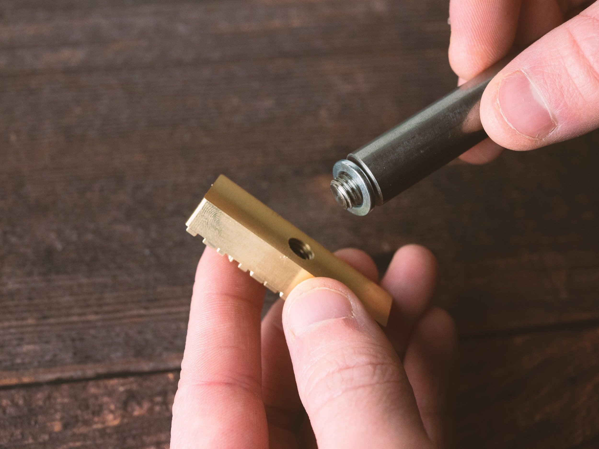 Screwing Hammering Handle into Leather Embossing Stamp - Outpost Workshop